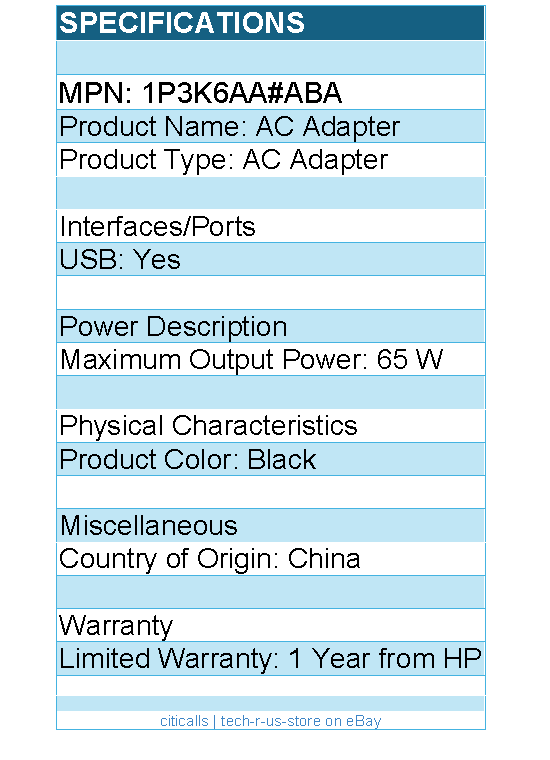 HP 1P3K6AA#ABA AC Adapter  - USB - Maximum Output Power: 65 W - Black