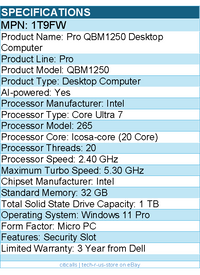 Dell 1T9FW Pro QBM1250 Desktop Computer - Intel Core Ultra 7 265 - Micro PC