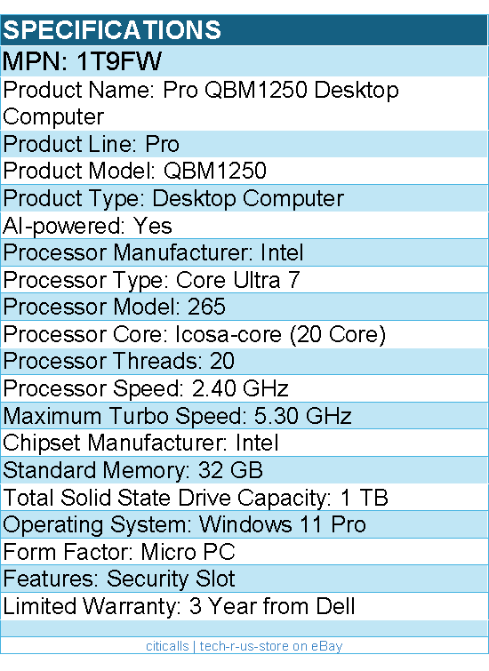 Dell 1T9FW Pro QBM1250 Desktop Computer - Intel Core Ultra 7 265 - Micro PC