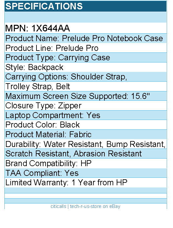 HP 1X644AA Prelude Pro Carrying Case (Backpack) for 15.6" HP Notebook