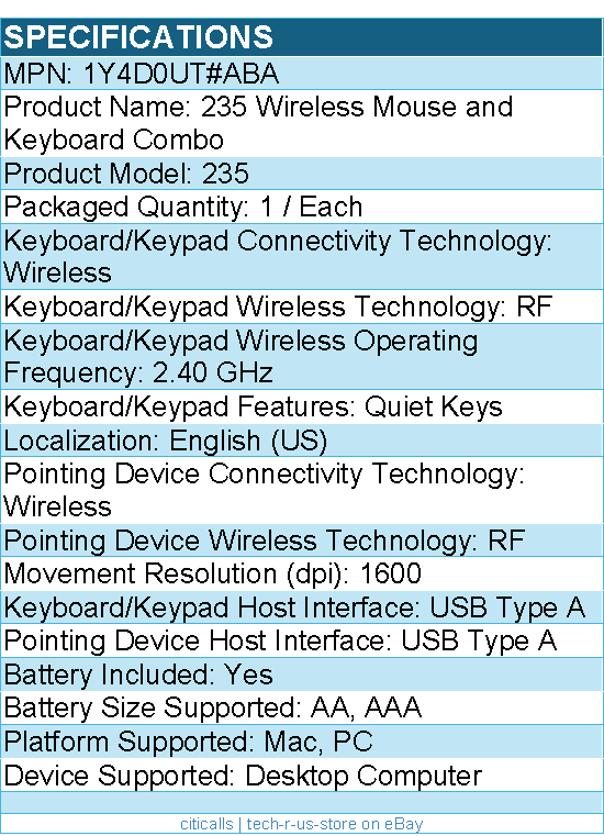 HP 1Y4D0UT#ABA 235 Wireless Mouse and Keyboard Combo