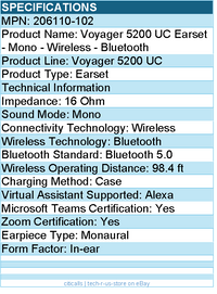HPI 206110-102 Voyager 5200 UC Earset - Mono - Wireless - Bluetooth