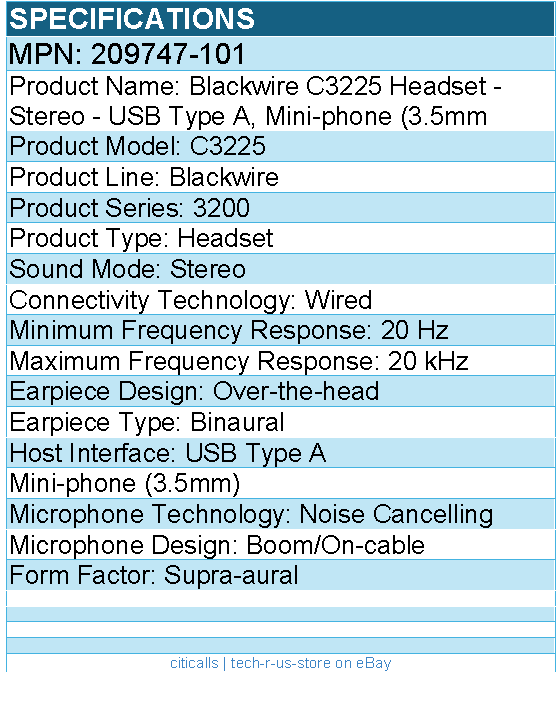 HPI 209747-101 Blackwire C3225 Headset - Stereo - USB Type A, Mini-phone (3.5mm)