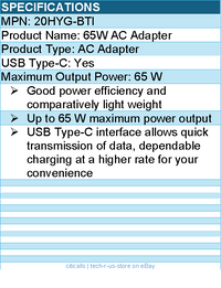 BTI 20HYG-BTI 65W TYPE-C AC ADAPTER - Compatible OEM: 20HYG