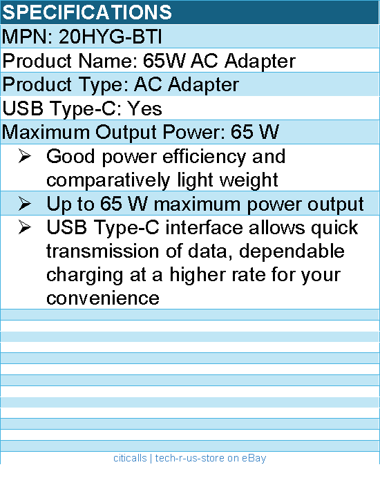 BTI 20HYG-BTI 65W TYPE-C AC ADAPTER - Compatible OEM: 20HYG