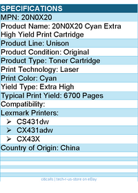 Lexmark 20N0X20 Unison Original Extra High Yield Laser Toner Cartridge - Cyan