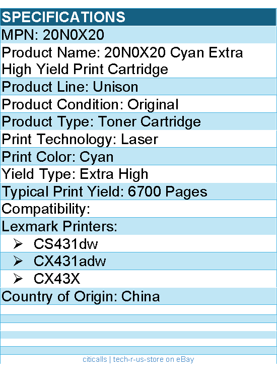 Lexmark 20N0X20 Unison Original Extra High Yield Laser Toner Cartridge - Cyan
