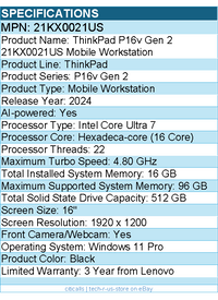 Lenovo 21KX0021US  ThinkPad P16v Gen 2 - 16" Mobile Workstation - Black