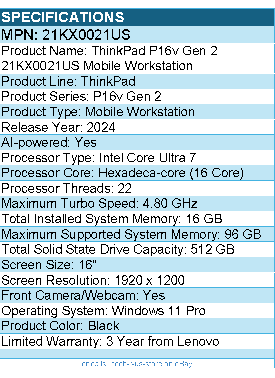 Lenovo 21KX0021US  ThinkPad P16v Gen 2 - 16" Mobile Workstation - Black