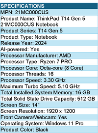 Lenovo 21MC000CUS ThinkPad T14 Gen 5 - 14" Notebook - AMD Ryzen 7 PRO - Black