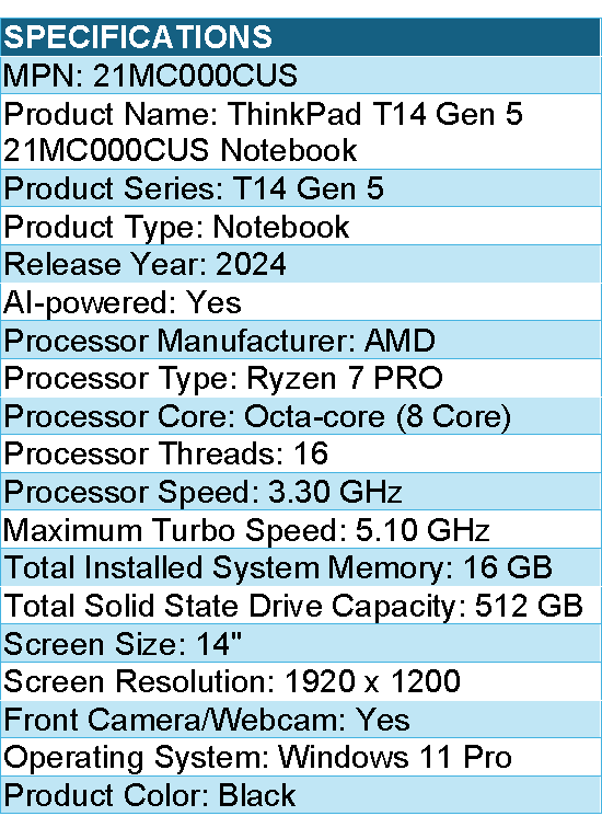 Lenovo 21MC000CUS ThinkPad T14 Gen 5 - 14" Notebook - AMD Ryzen 7 PRO - Black