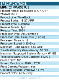 Lenovo 21MW0037US ThinkBook 16 G7 ARP 16" Notebook - Arctic Gray