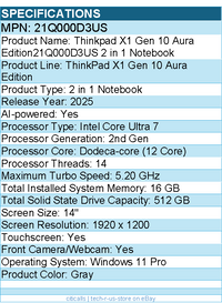Lenovo 21Q000D3US ThinkPad X1 Gen 10 Aura - 14" Touchscreen 2 in 1 Notebook
