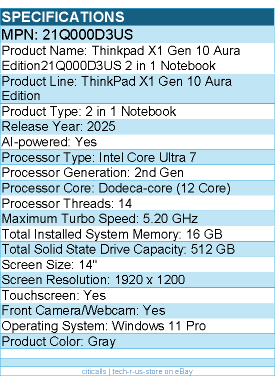 Lenovo 21Q000D3US ThinkPad X1 Gen 10 Aura - 14" Touchscreen 2 in 1 Notebook