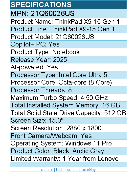 Lenovo 21Q60026US ThinkPad X9-15 Gen 1 - 15.3" Copilot+ PC Notebook