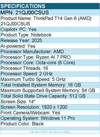 Lenovo 21QJ00CSUS ThinkPad T14 Gen 6 - 14" Copilot+ PC Notebook - Black