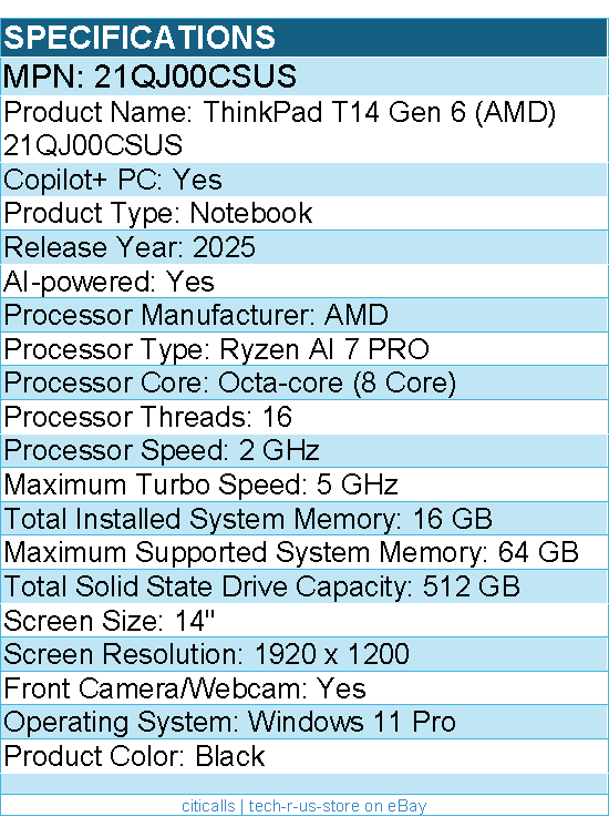 Lenovo 21QJ00CSUS ThinkPad T14 Gen 6 - 14" Copilot+ PC Notebook - Black