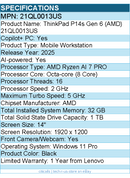 Lenovo 21QL0013US  ThinkPad P14s Gen 6 - 14" Copilot+ PC Mobile Workstation