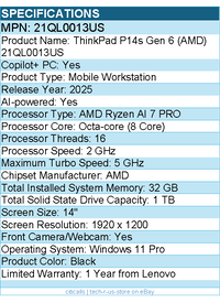 Lenovo 21QL0013US  ThinkPad P14s Gen 6 - 14" Copilot+ PC Mobile Workstation