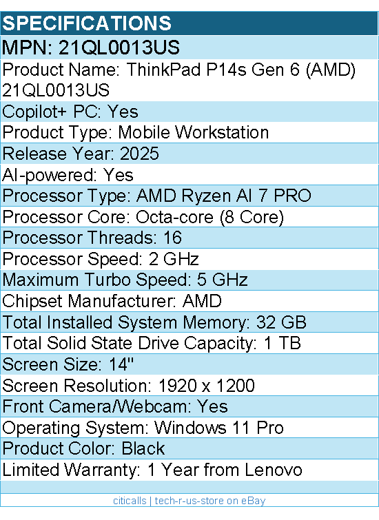 Lenovo 21QL0013US  ThinkPad P14s Gen 6 - 14" Copilot+ PC Mobile Workstation
