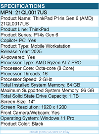 Lenovo 21QL0017US ThinkPad P14s Gen 6 - 14" Copilot+ PC Mobile Workstation