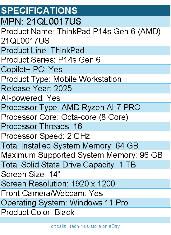Lenovo 21QL0017US ThinkPad P14s Gen 6 - 14" Copilot+ PC Mobile Workstation