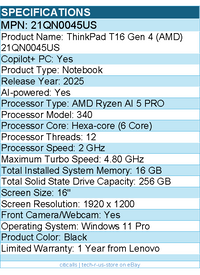 Lenovo 21QN0045US ThinkPad T16 Gen 4 - 16" Copilot+ PC Notebook - Black