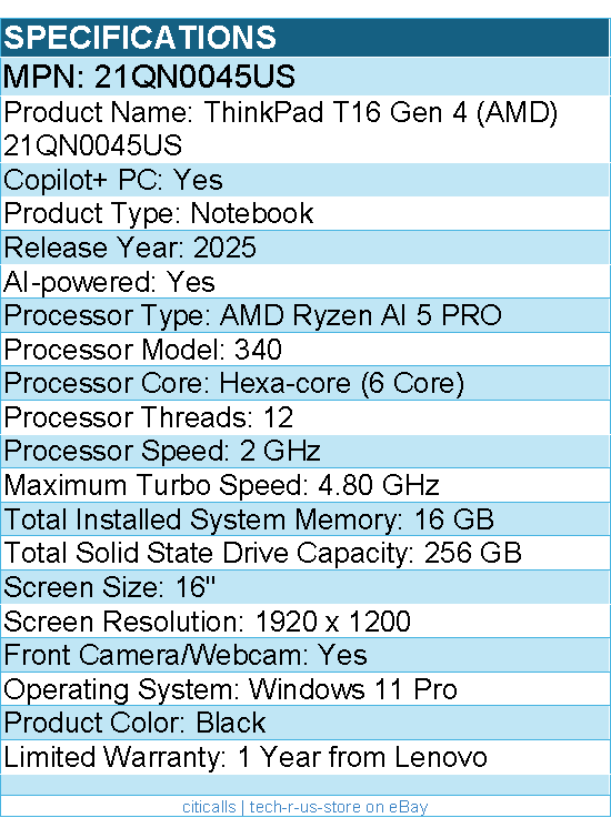 Lenovo 21QN0045US ThinkPad T16 Gen 4 - 16" Copilot+ PC Notebook - Black