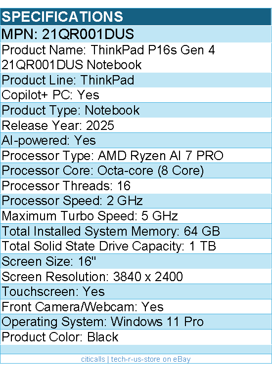 Lenovo 21QR001DUS  ThinkPad P16s Gen 4 - 16" Touchscreen Copilot+ PC Notebook