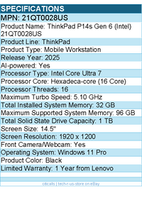 Lenovo 21QT0028US  ThinkPad P14s Gen 6 - 14.5" Mobile Workstation