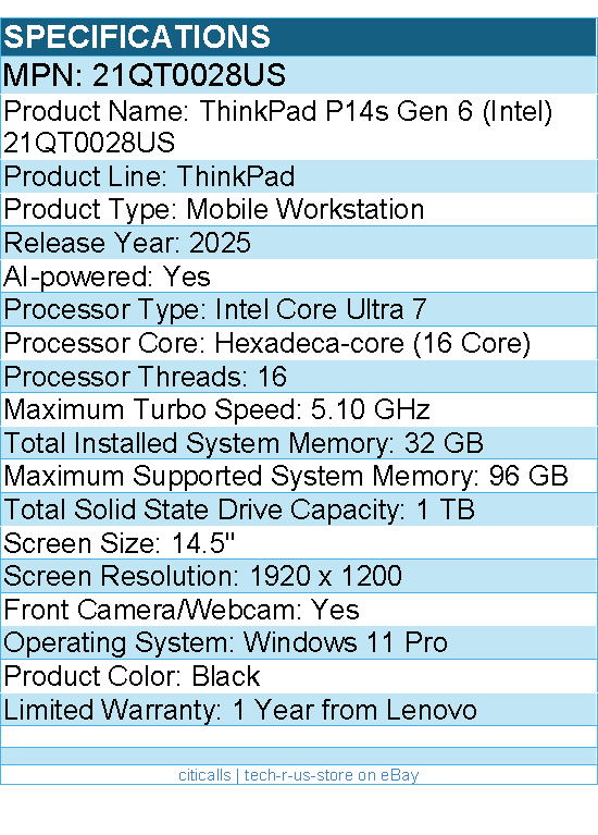 Lenovo 21QT0028US  ThinkPad P14s Gen 6 - 14.5" Mobile Workstation