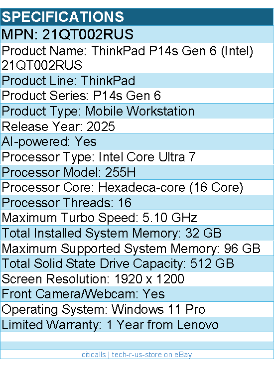 Lenovo 21QT002RUS ThinkPad P14s Gen 6 - 14.5" Mobile Workstation - Black