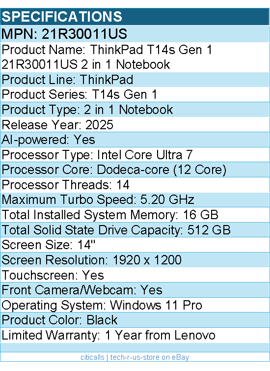 Lenovo 21R30011US ThinkPad T14s Gen 1 - 2 in 1 Notebook - Black