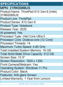 Lenovo 21RK0069US ThinkPad X13 Gen 6 - 13.3" Notebook - Black