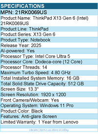 Lenovo 21RK0069US ThinkPad X13 Gen 6 - 13.3" Notebook - Black