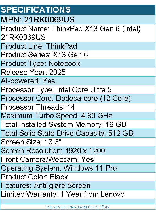 Lenovo 21RK0069US ThinkPad X13 Gen 6 - 13.3" Notebook - Black
