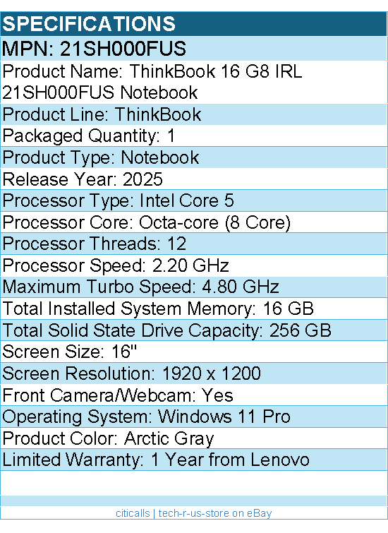 Lenovo 21SH000FUS ThinkBook 16 G8 IRL - 16" Notebook - Arctic Gray