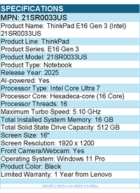 Lenovo 21SR0033US  ThinkPad E16 Gen 3 - 16" Notebook - Black
