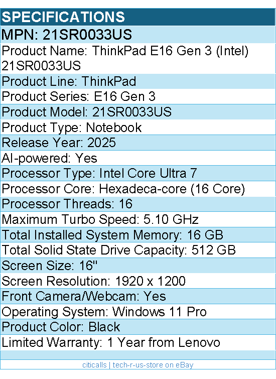 Lenovo 21SR0033US  ThinkPad E16 Gen 3 - 16" Notebook - Black