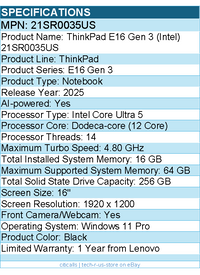 Lenovo 21SR0035US ThinkPad E16 Gen 3 - 16" Notebook - Black