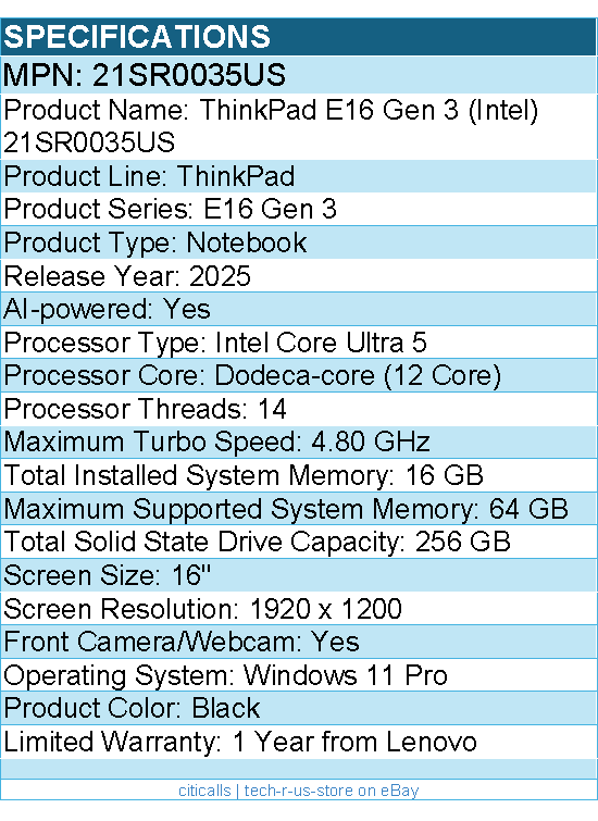 Lenovo 21SR0035US ThinkPad E16 Gen 3 - 16" Notebook - Black
