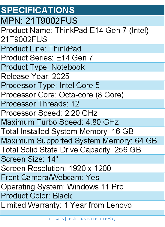 Lenovo 21T9002FUS ThinkPad E14 Gen 7 - 14" Notebook - Black