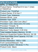 Lenovo 21T9003PUS ThinkPad E14 Gen 7 - 14" Touchscreen Notebook - Black