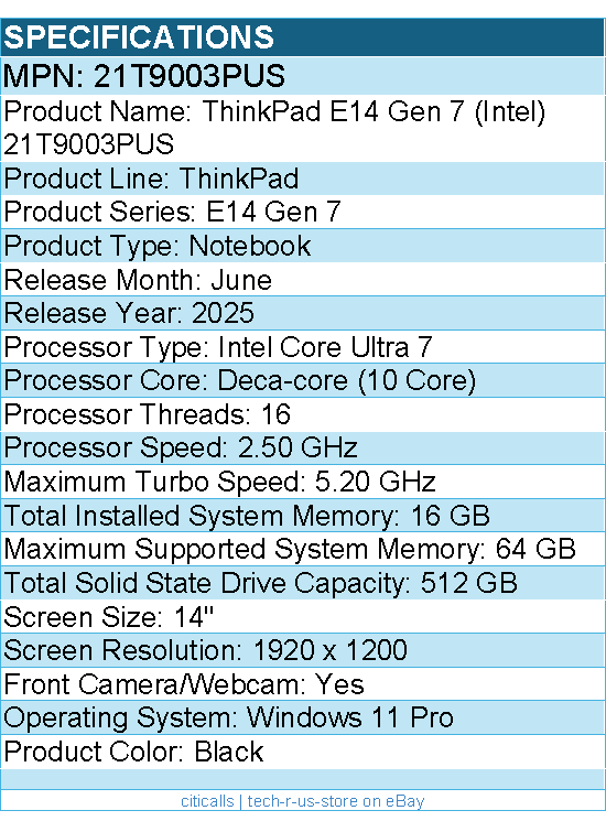 Lenovo 21T9003PUS ThinkPad E14 Gen 7 - 14" Touchscreen Notebook - Black