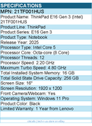 Lenovo 21TF001HUS  ThinkPad E16 Gen 3 - 16" Notebook - Intel Core 5 210H - Black