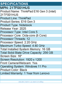 Lenovo 21TF001HUS  ThinkPad E16 Gen 3 - 16" Notebook - Intel Core 5 210H - Black