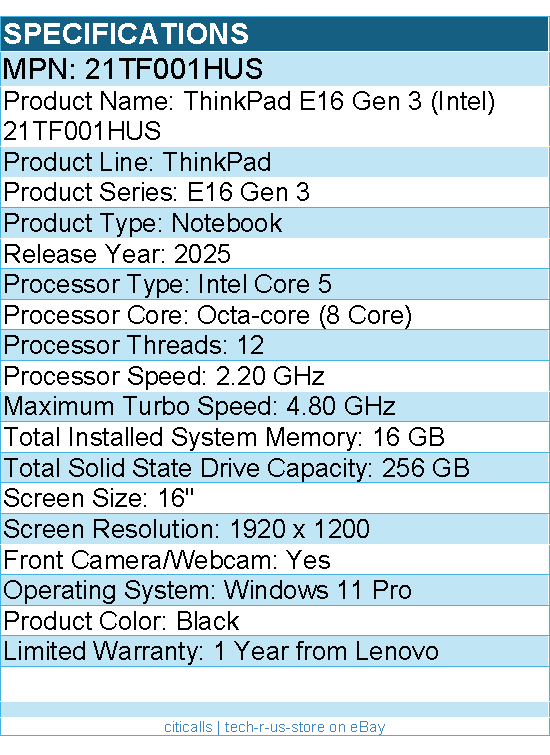 Lenovo 21TF001HUS  ThinkPad E16 Gen 3 - 16" Notebook - Intel Core 5 210H - Black