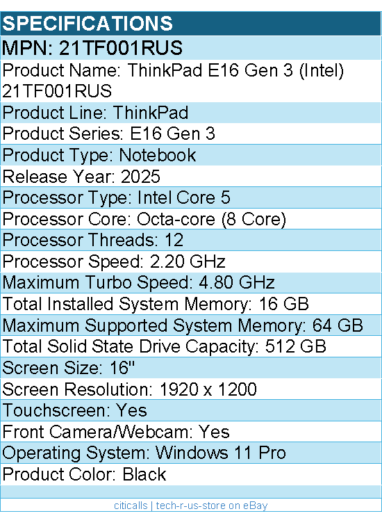 Lenovo 21TF001RUS ThinkPad E16 Gen 3 - 16" Touchscreen Notebook - Black
