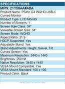 HP 21Y56AA#ABA P34HC G4 34" Class WQHD Curved Screen LCD Monitor - 21:9