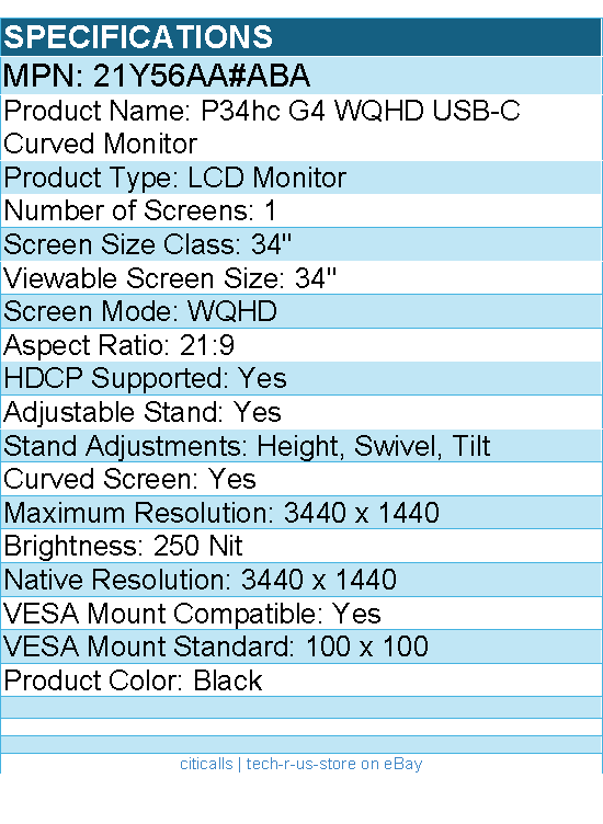 HP 21Y56AA#ABA P34HC G4 34" Class WQHD Curved Screen LCD Monitor - 21:9